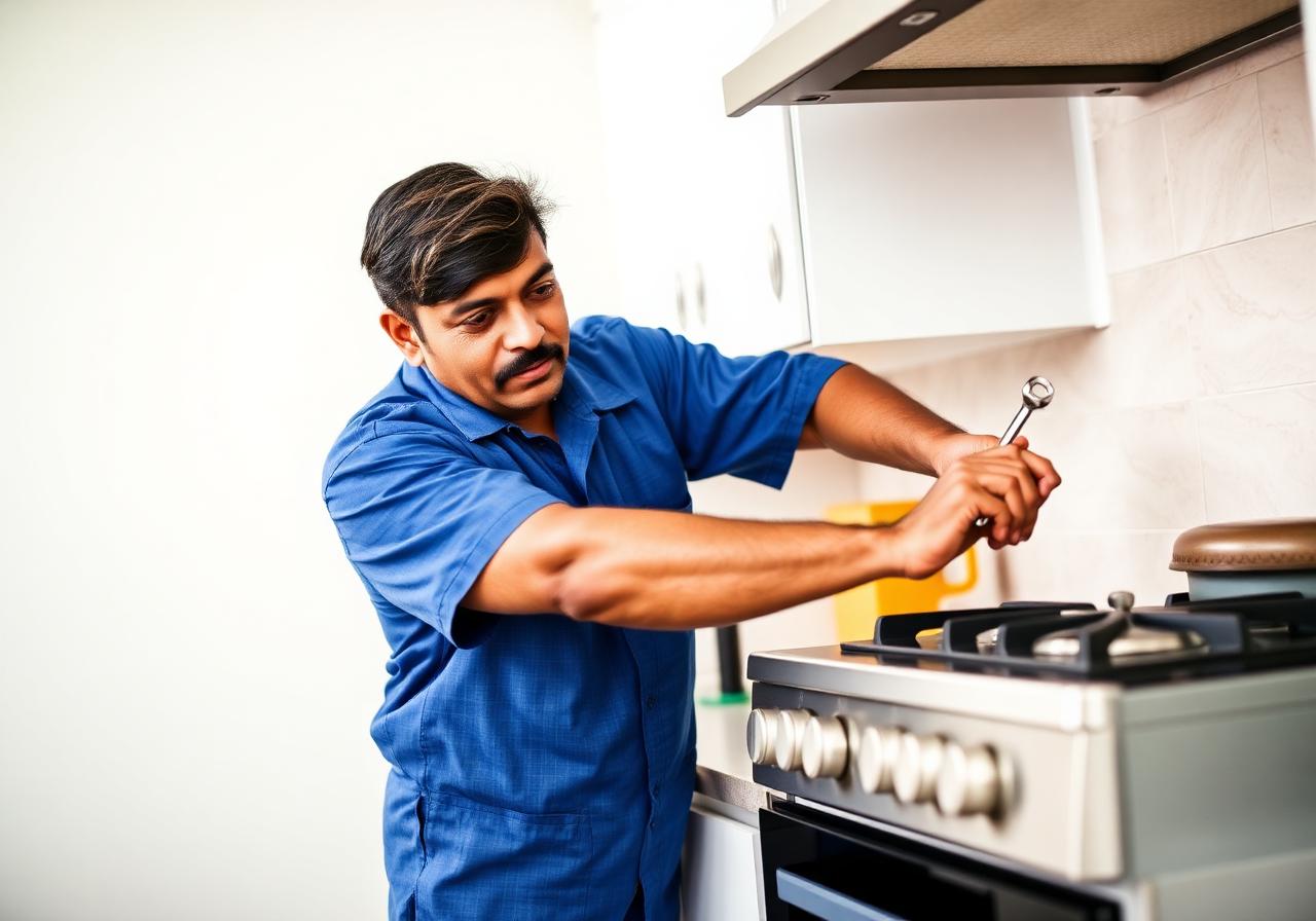 Karuna technician repairing a gas stove